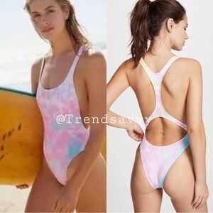 ANTHROPOLOGIE Solid & Striped The Nina Racerback One Piece Swimsuit Pink Blue